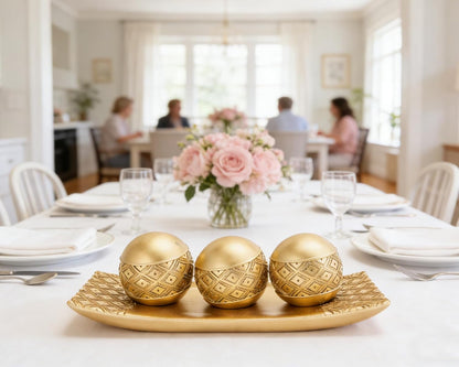 Gold Decorative Orbs with Tray Set, 3Pcs Resin Decorative Balls with Tray, Modern Accent Sphere for Coffee Table, Dining Table, Living Room, Entryway