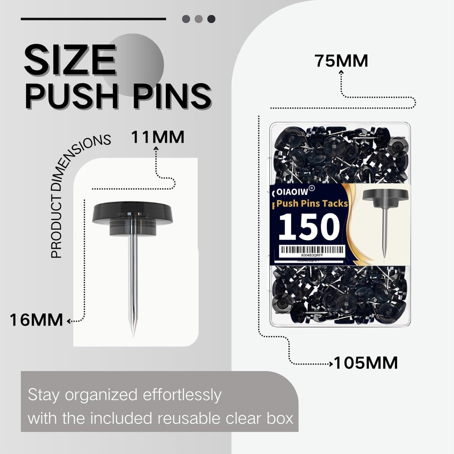 150 PCS Clear Push Pins Tacks Count in Reusable Box for Bulletin Boards and Wall Displays Heavy Duty Plastic Head