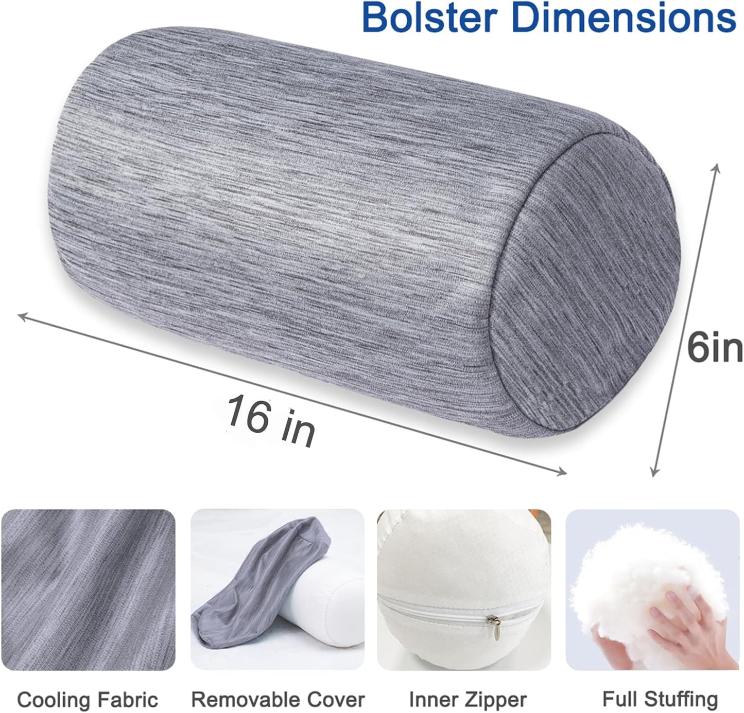 1 MIDDLE ONE Round Cylinder Bolster Pillow with Removable Velvet Cover, Tube Roll Cervical Pillow for Head, Neck, Back and Legs Support, 13" x 6", Grey