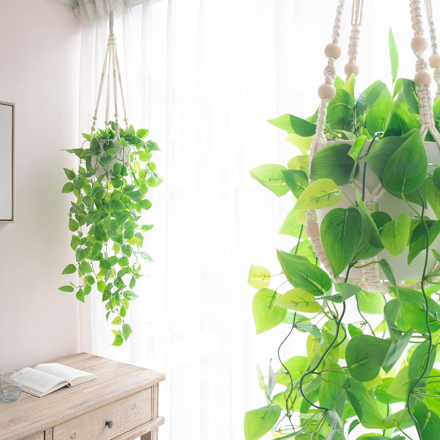 Mkono 3 Pack Macrame Plant Hangers Indoor Different Size Hanging Planter Basket Flower Pot Holder with Beads No Tassels 35"/29"/23", Medium, Brown