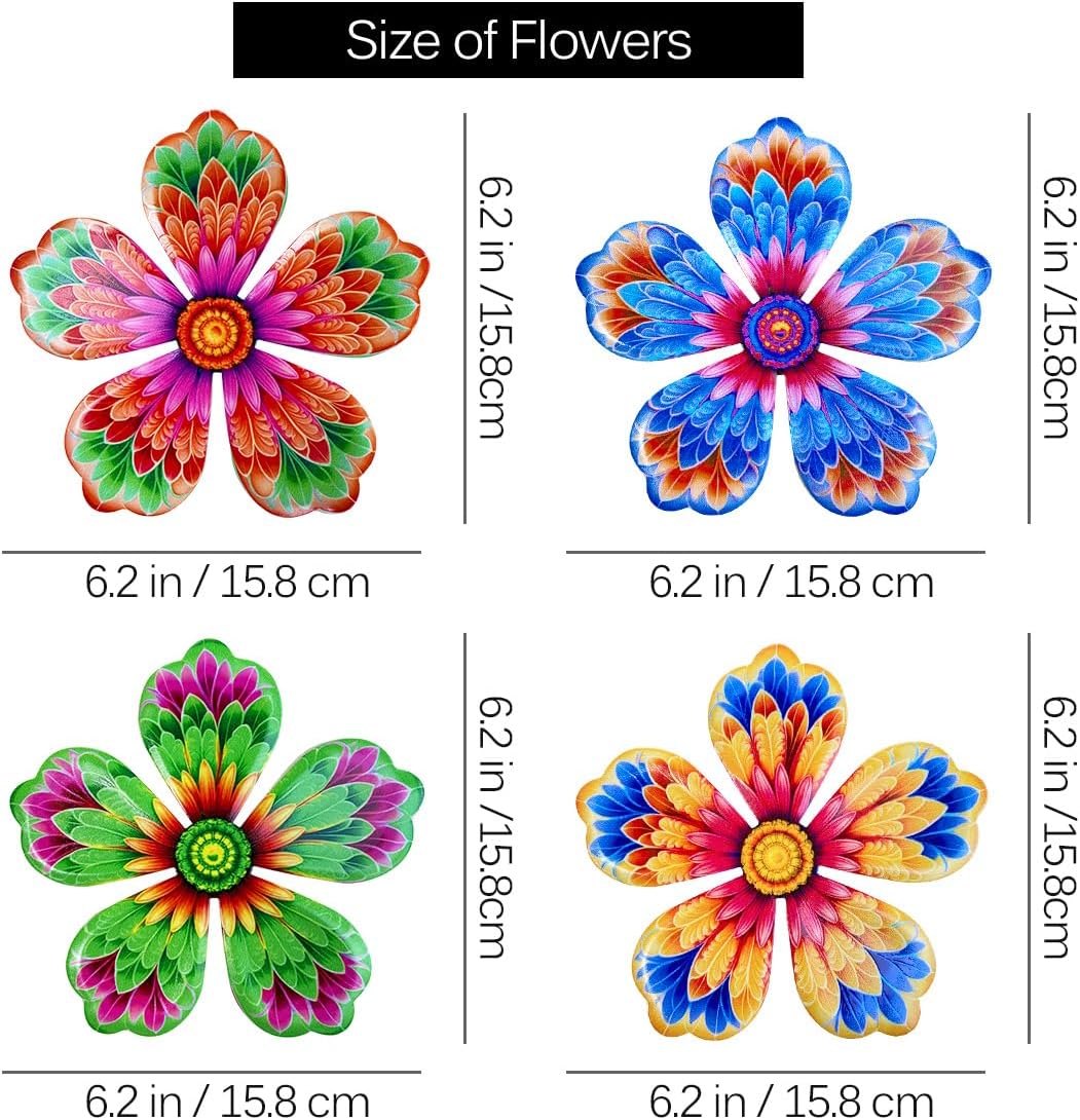 Giyyomtr Metal Flowers Wall Decor - 4pcs 6.2'' Metal Wall Art Hanging Decorations for Outdoor Fence Garden Yard Patio Exterior Wall Decor