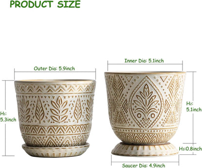 Gepege 6 Inch Beaded Ceramic Planter Set of 2 with Drainage Hole and Saucer for Plants, Indoor-Outdoor Large Round Succulent Orchid Flower Pot (Smoked Gray, Inner-pots not Larger Than 5 Inch)