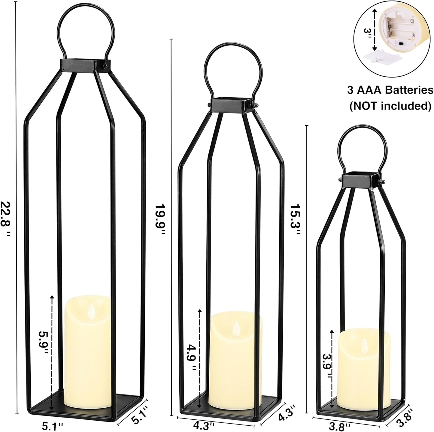Perfnique Modern Farmhouse Lantern Decor, 15'' 13'' Set of 2 Black Metal Lantern, 2 LED 6hr Timer Flameless Candles ＆ Remote Timer, Lanterns Decorative for Outdoor, Home, Indoor, Patio, Christmas