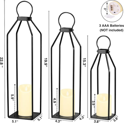 Perfnique Modern Farmhouse Lantern Decor, 15'' 13'' Set of 2 Black Metal Lantern, 2 LED 6hr Timer Flameless Candles ＆ Remote Timer, Lanterns Decorative for Outdoor, Home, Indoor, Patio, Christmas