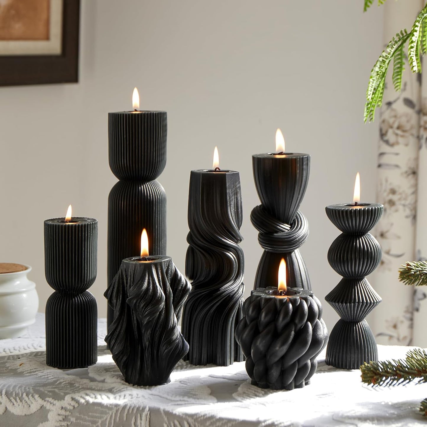 7-Pack Pillar Candles - Soy Wax Handmade Ribbed Candles for Home Decor, Housewarming Gift, Shelf & Table Decor - Aesthetic Modern Candles Set (White)