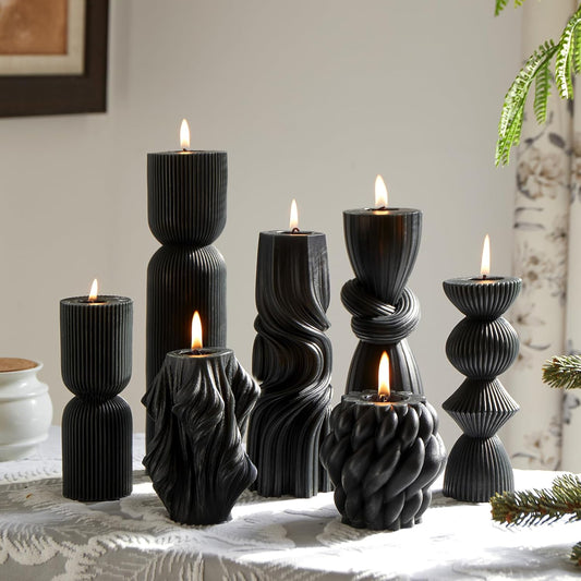 7-Pack Pillar Candles - Soy Wax Handmade Ribbed Candles for Home Decor, Housewarming Gift, Shelf & Table Decor - Aesthetic Modern Candles Set (White)