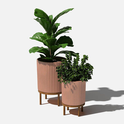 Veradek Demi Series Round Planter w/ Stand for Porch/Patio | Durable Plastic-Concrete & Wooden Stand | Modern Décor for Tall Plants, Flowers