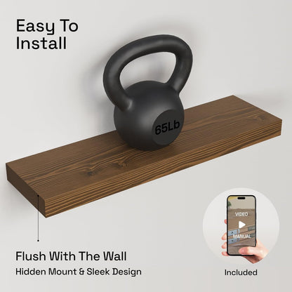 BAOBAB WORKSHOP Wood Floating Shelves for Wall Mounted, 16 inch Walnut Floating Shelf for Bathroom, Solid Wooden Wall Shelves for Kitchen Bedroom Farmhouse, Walnut Finish, 16 x 6.7, Set of 2
