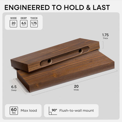 Homeforia 24 inch Natural Floating Shelf, High End Solid Real Wood 24inch Small Floating Shelves for Wall Mounted, Natural Wooden Floating Shelves, Heavy Duty Bracket, 24 X 6.5 X 1.75 in, Set of 2