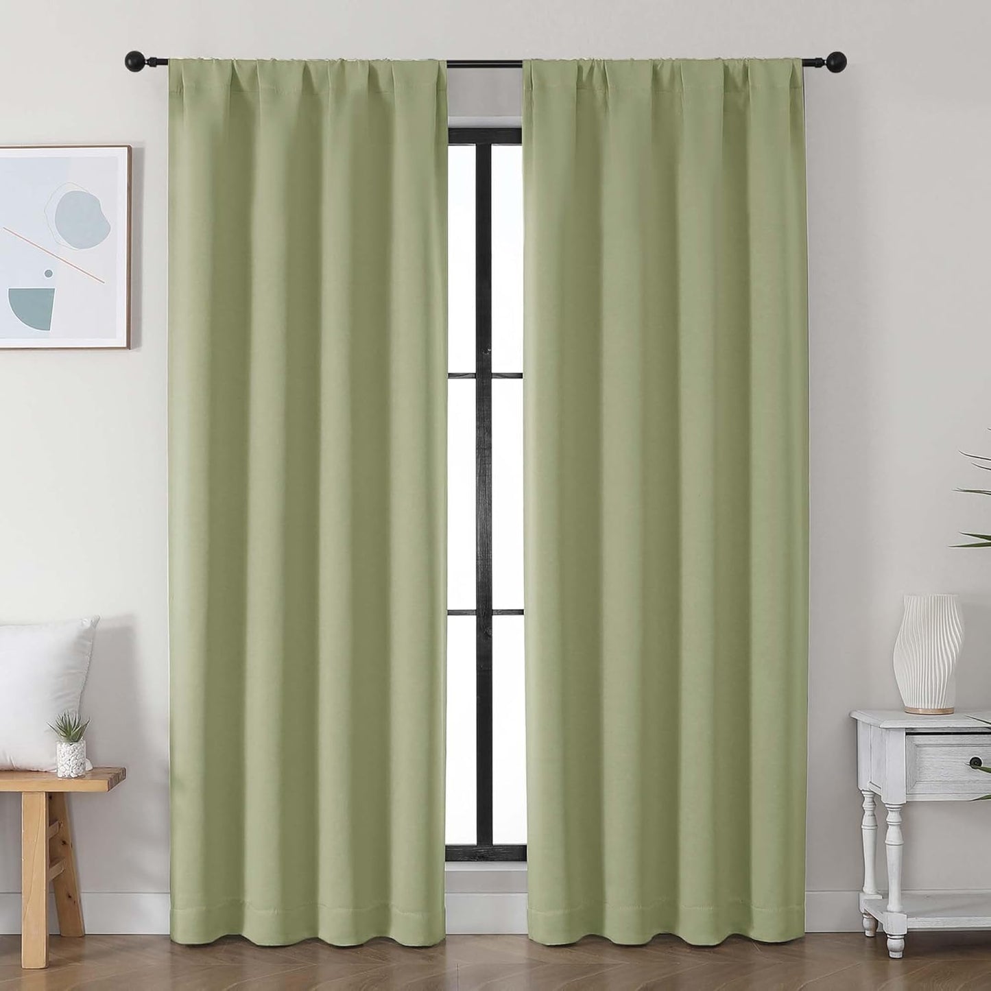 Simplebrand Ava Sage Green Blackout Curtains for Bedroom 63 Inch Length 2 Panels Set, Solid Thermal Insulated Energy Saving Rod Pocket Window Treatment Curtains Blackout Drapes, W40 x L63 Inch, Sage - Colors A