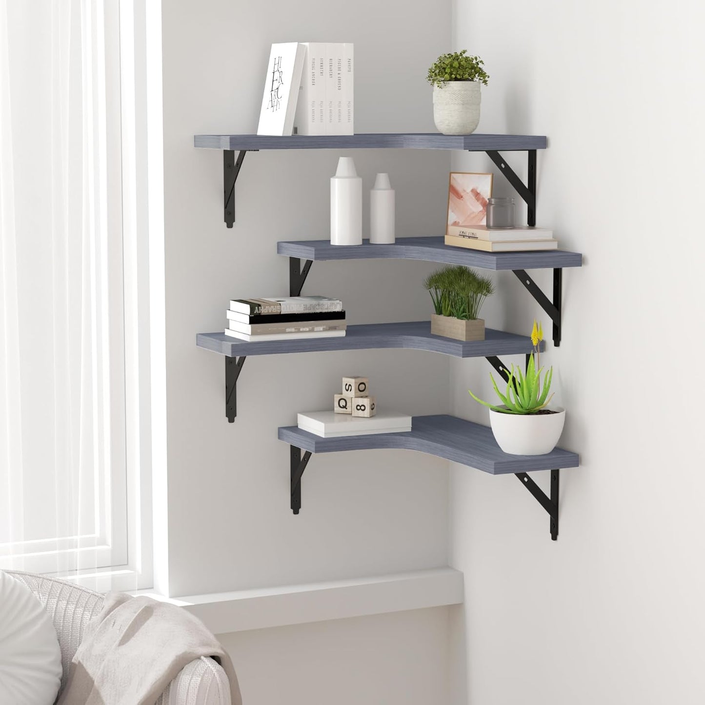 ROMGUAR CRAFT Corner Floating Shelves Wall Mounted Set of 4, Rustic Wood Storage Display Shelves for Home Decor, Bathroom, Kitchen, Bedroom, Living Room, Office (Black)