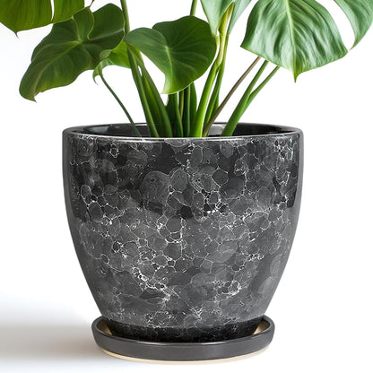 10 Inch Ceramic Planter Pot Round Plant Pot for Indoor Plants Outdoor Large Flower Pot with Drainage Hole and Saucer Blue