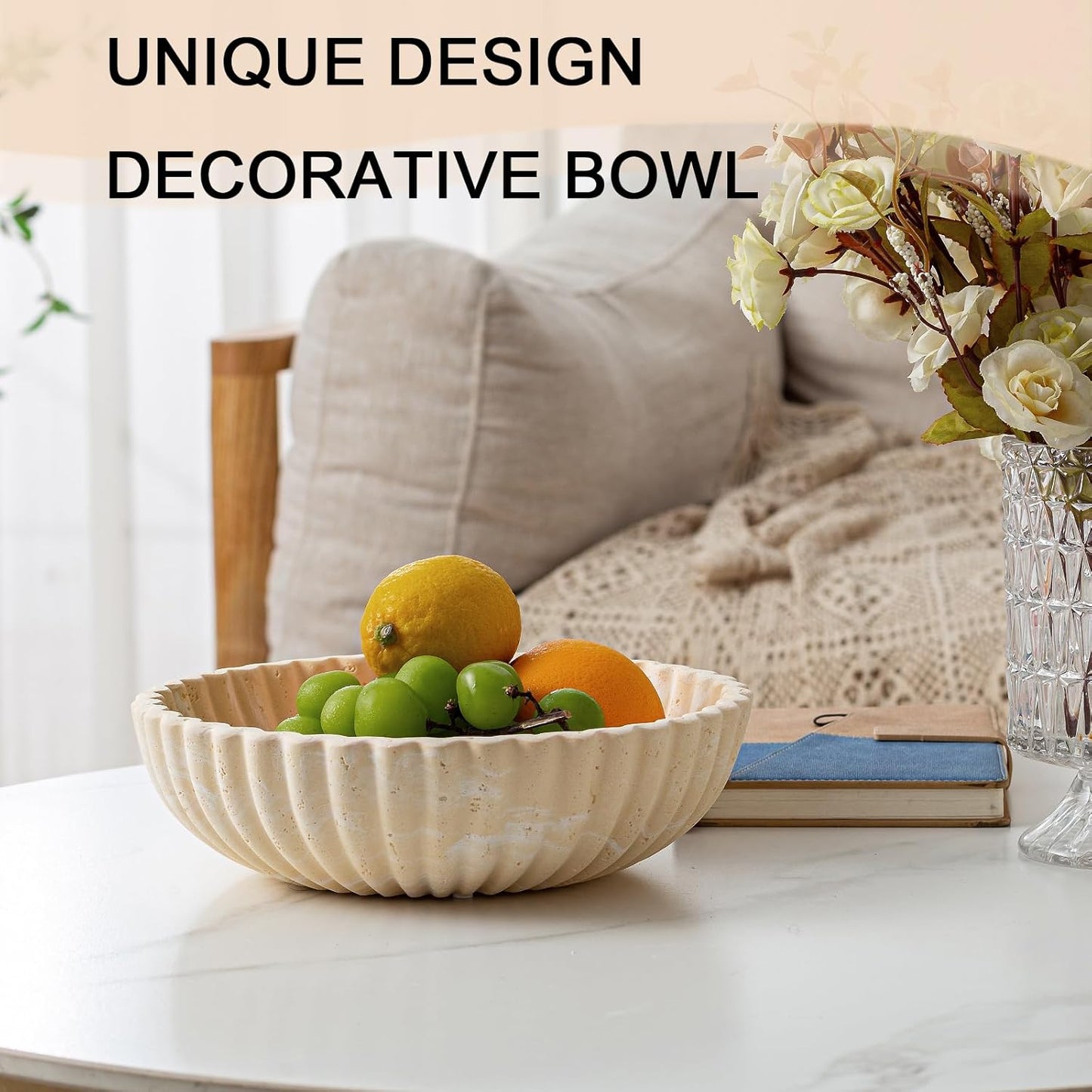 Large Decorative Fruit Bowl for Kitchen Counter, Sandstone Look Modern Minimalist Snack Candy Bowl for Table Centerpiece Decor, Home, Office, Hotel, Entryway (Beige)