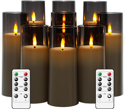 kakoya Flickering Flameless Candles Battery Operated with Remote and 2/4/6/8 H Timer Acrylic Led Pillar Candles Pack of 9 (appr D2.3"xH5.5"6.5"7.5")with Realistic 3D Wick Candles for Home Decor(White)
