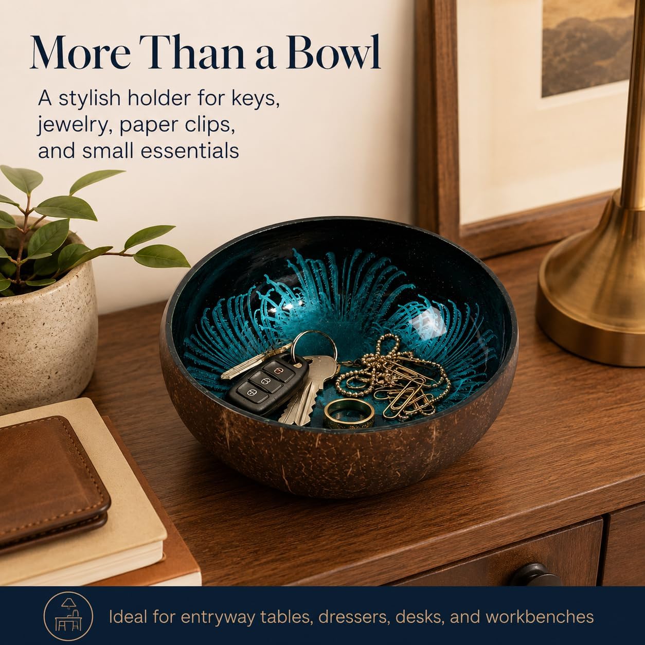 ChezMax Natural Coconut Bowl with Mother of Pearl Inlays - Key Bowl & Fruit Snack Holder (Blue-Gold)