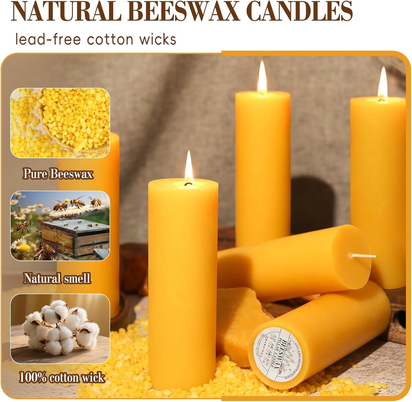 6 Pack Natural Beeswax Pillar Candles 2x6in,360 Hours Long Burning Unscented Beeswax Candles,100% Pure Bees Wax Candles for Home,Emergency,Dripless Pillar Candle Bulk