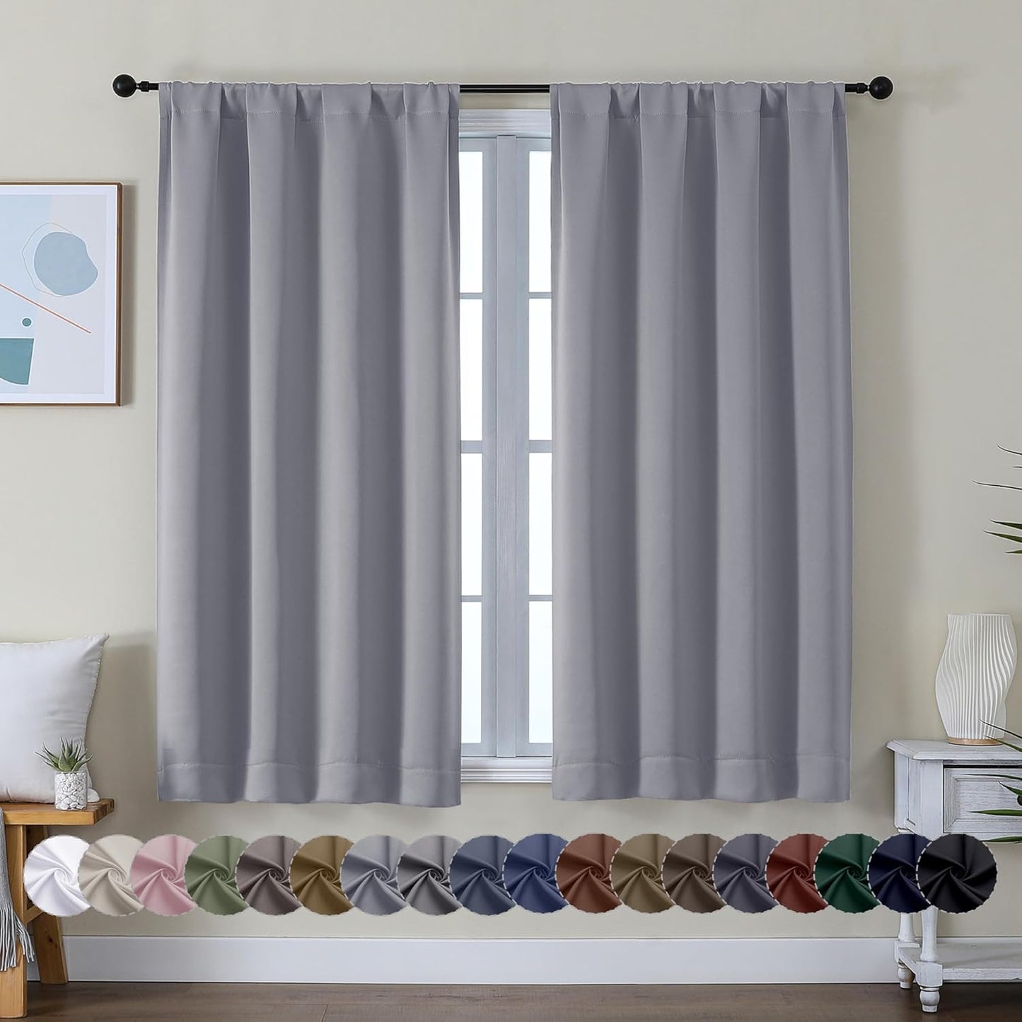 Simplebrand Ava Sage Green Blackout Curtains for Bedroom 63 Inch Length 2 Panels Set, Solid Thermal Insulated Energy Saving Rod Pocket Window Treatment Curtains Blackout Drapes, W40 x L63 Inch, Sage - Colors B