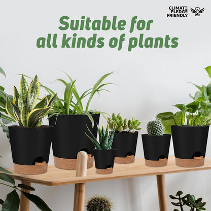 YNNICO Indoor Self Watering Planters with Drainage Holes and Saucers, 8, 7, 6.5, 6, 5.5, 5 Inches, Black, 6 Pots