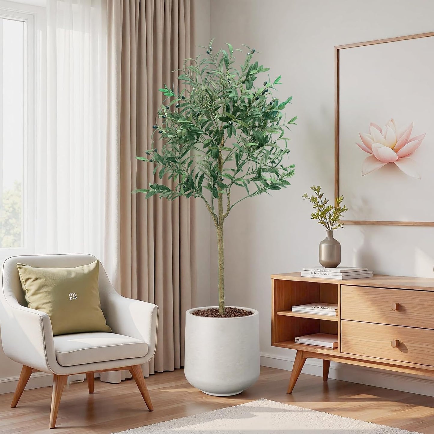 6FT Artificial Olive Tree,Artificial Plants Indoor,Faux Olive Tree Indoor with Natural Wood Trunk and Realistic Leaves and Fruits for Home Office Decor