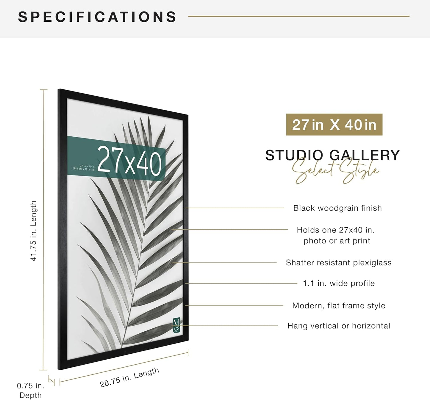 MCS Studio Gallery 16x24 Poster Frame Black Woodgrain Engineered Wood, Vertical & Horizontal Wall Hanging Large Picture Frame for Photos, Posters & Art Prints (1-Pack)