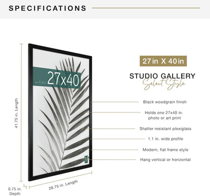 MCS Studio Gallery 16x24 Poster Frame Black Woodgrain Engineered Wood, Vertical & Horizontal Wall Hanging Large Picture Frame for Photos, Posters & Art Prints (1-Pack)