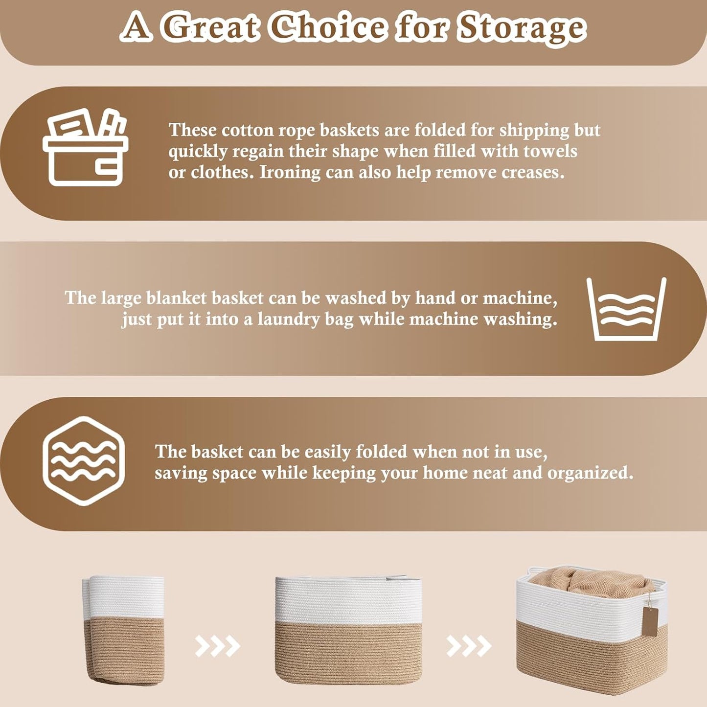 Goodpick Woven Storage Basket, Cotton Rope Basket for Dog Toys, Books, Stylish Gift Basket with Handles, 13 x 10 x 9 Inches Square Baskets for Organizing, Brown and White