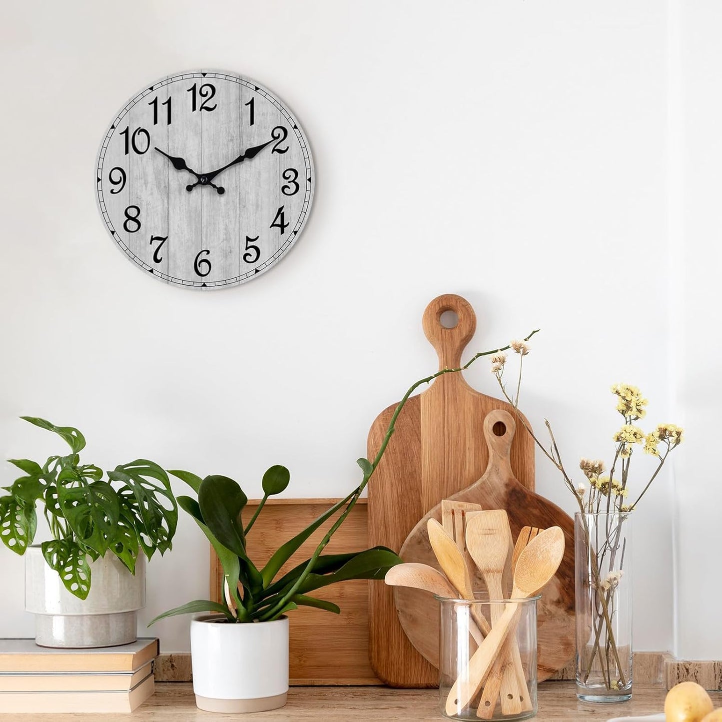 Wall Clock, Rustic Wall Clocks Battery Operated Silent Non Ticking, Country Round Wooden Clocks Farmhous Wall Decorative for Kitchen, Bathroom, Living Room (Gray 8 Inch)