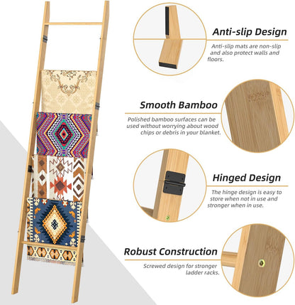 BAMBANG 6-Tier Blanket Ladder for Living Room, Blanket Quilt Ladder Rack Rustic Decorative Towel Holder, Wall Leaning Blanket Ladder Shelf Storage Farmhouse Decor for Bedroom Bathroom, Black