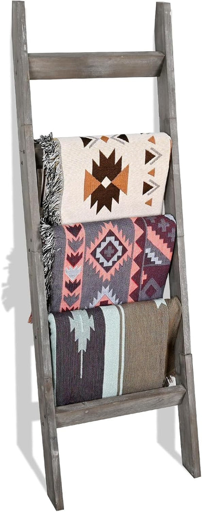 FUIN 5ft (58") Wood Blanket Ladder Living Room Decorative Wall Leaning Farmhouse Quilt Display Holder Storage Rustic Wooden Towel Rack for Bathroom, Brown