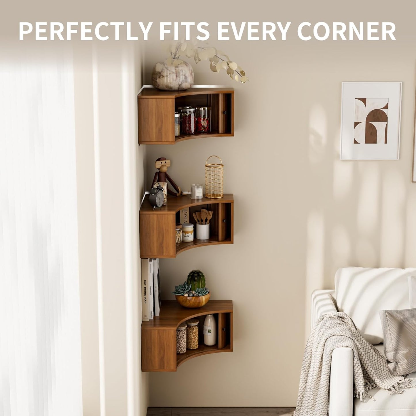 Corner Shelves Wall Cabinet Set of 3, Floating Corner Shelf Organizer with Sliding Doors, Fluted Wall Cabinet for Living Room, Bedroom, Office, Small Space, Walnut (Curved, 15.74“)
