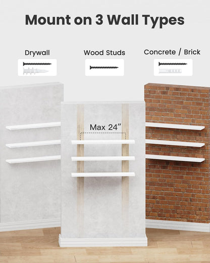 AMADA HOMEFURNISHING Floating Shelves, Wall Shelves for Bathroom/Living Room/Bedroom/Kitchen Decor, White Shelves with Invisible Brackets Set of 3 - AMFS08
