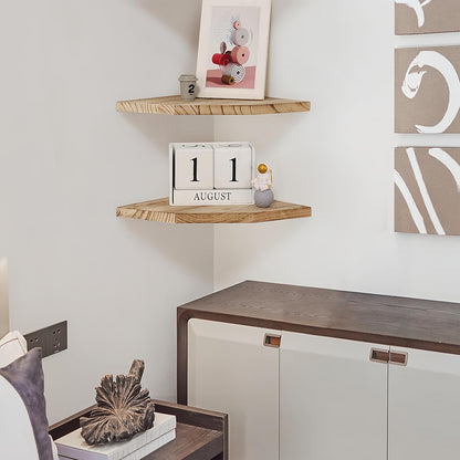 Joiishom Wood Corner Wall Shelves Set of 2, Solid Wood Corner Floating Shelves for Wall, Round End Wall Mounted Floating Corner Shelf for Bedroom, Living Room and Kitchen. (Brown-10 inch)