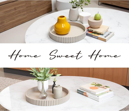 Modern Table Round Decorative Trays 2pcs Home Decor - Circle Coffee Table Centerpiece Set 12"/10" - Wooden Cool Grey Ottoman Tray with Fluted Edge