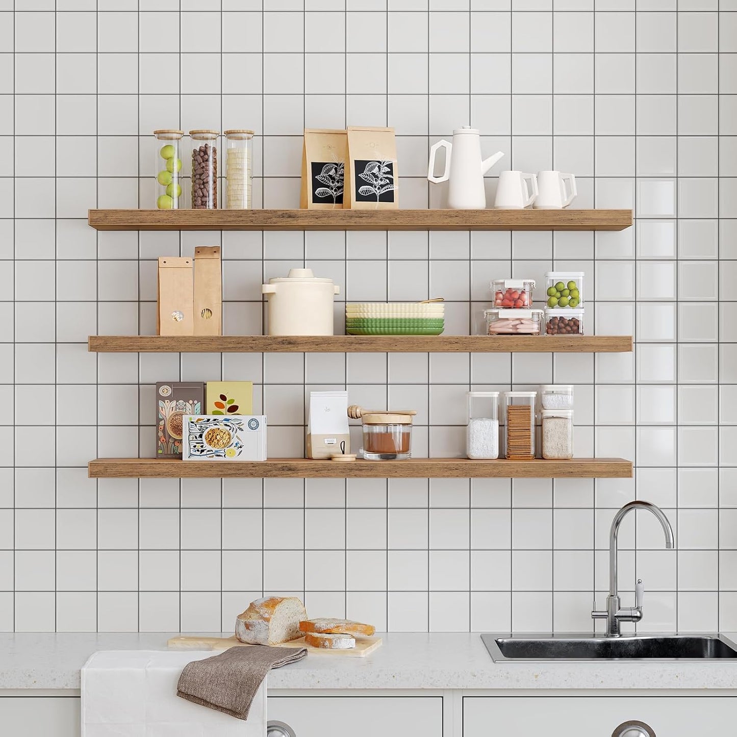 RALGEND Floating Shelves for Wall, 1.5" Thick Wall Shelf Set of 3 with Invisible Brackets, L31.5 x W7.9 Hanging Shelves Farmhouse Home Decor for Bathroom, Living Room, Bedroom, Rustic Brown 8301BJP3BF