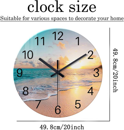 Beach Wall Clock Battery Operated 12 Inch Glass Wall Clock Non Ticking Analog Blue Wall Clocks for Bedroom Living Room Office Decor