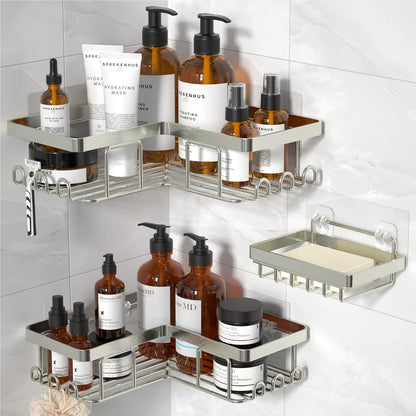 YASONIC Corner Adhesive Shower Caddy, with Soap Holder and 12 Hooks, Rustproof Stainless Steel Bathroom Organizer, No Drilling Wall Mounted Rack, Black, 3-Pack