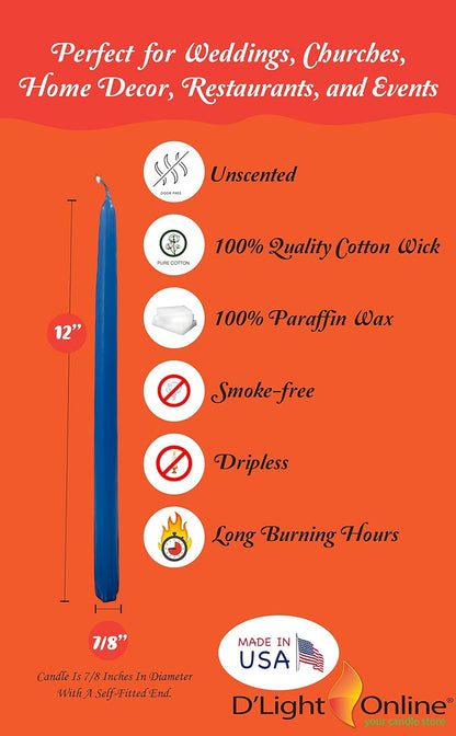 D'light Online White Taper Candles, 10 Inch Premium Quality Candles Hand-Dipped Tapered Candles, Dripless, Smokeless and Unwrapped Bulk Pack for Events - Set of 12 (10 Inch, White)