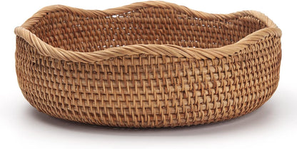 Round Rattan Fruit Baskets Woven Storage Bowls Key Holder Stackable for Shelf Kitchen Tabletop Natural Set of 3