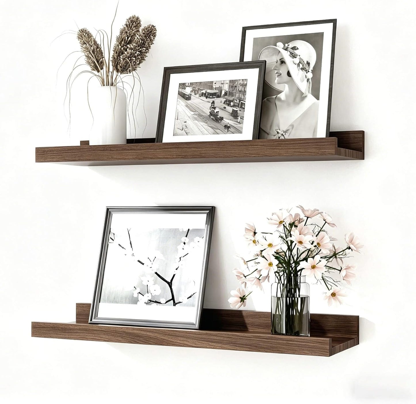 White Floating Shelves for Wall Decor, Wall Mounted Wood Storage Shelf for Bedroom, Living Room, Bathroom, Kitchen, Nursery, Display Picture Ledge Shelf with Lip Set of 2-14 Inches, White