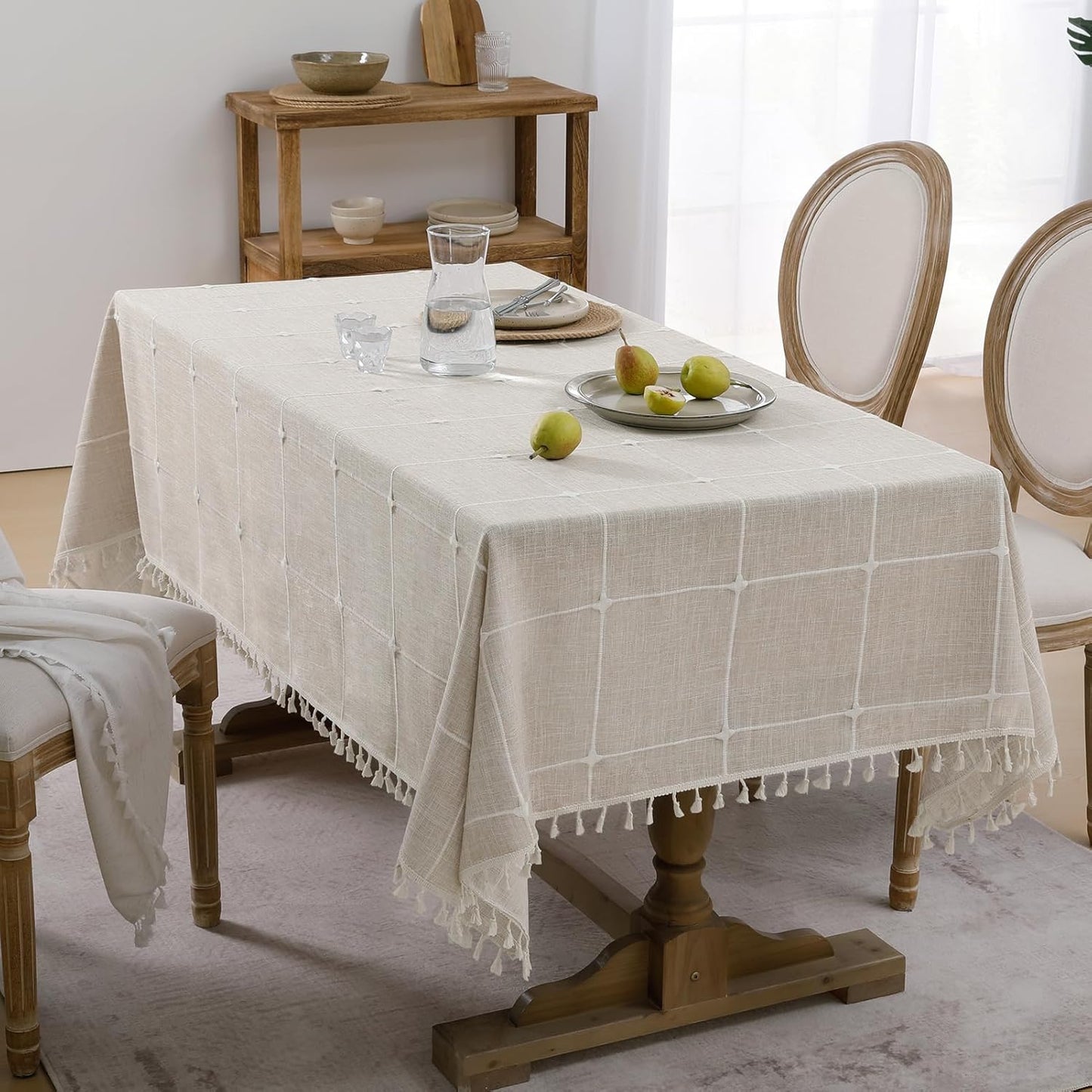 Softalker Outdoor Tablecloth Rectangle, Waterproof Linen Cotton Farmhouse Table Cloths with Tassel, Heavy Weight Wrinkle Free Boho Table Cover for Picnic Camping Dining - 55 x 70 Inch, Coffee Lines