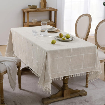 Softalker Outdoor Tablecloth Rectangle, Waterproof Linen Cotton Farmhouse Table Cloths with Tassel, Heavy Weight Wrinkle Free Boho Table Cover for Picnic Camping Dining - 55 x 70 Inch, Coffee Lines