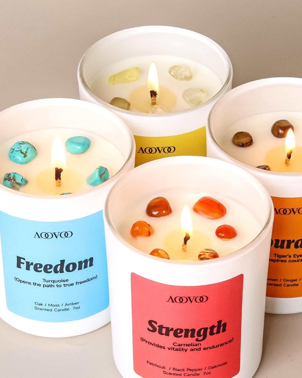 AOOVOO Calm Candles Set for Women - 4 Pack Candles for Home Scented, 28 oz 200 Hour Burn, Aromatherapy Candle with Crystals, Lavender Calm/Jasmine Serenity/Water Lily Pear Harmony/Patchouli Balance