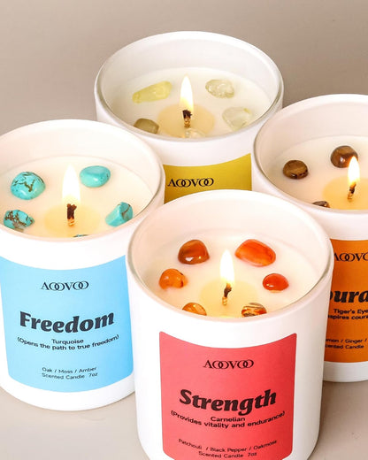 AOOVOO Calm Candles Set for Women - 4 Pack Candles for Home Scented, 28 oz 200 Hour Burn, Aromatherapy Candle with Crystals, Lavender Calm/Jasmine Serenity/Water Lily Pear Harmony/Patchouli Balance