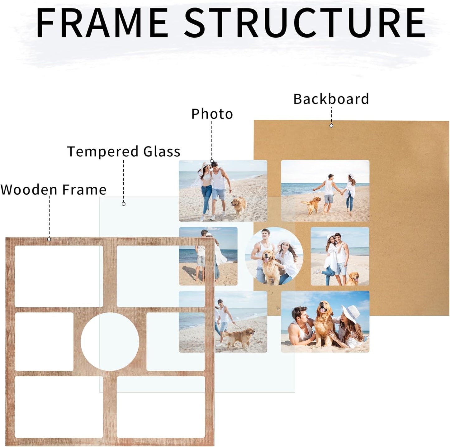 YESKAY 4x6 Picture Frame Collage for Wall Decor, Multiple Photo Collage Frames with Tempered Glass, 7-Opening for 4 x 6 Picture Frames, Rustic Brown, 1 Pack