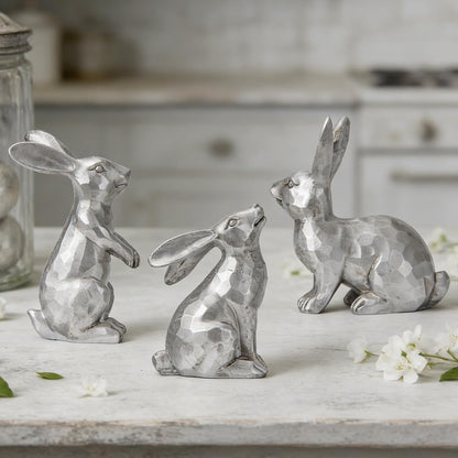 DN DECONATION Golden Polyresin Bunny Decor Rabbit Figurines, Easter Bunny Statue Set of 3 for Spring Tabletop Decor