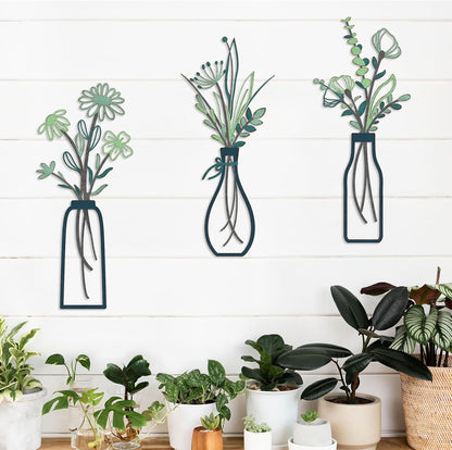 Pigort 3 Pieces Metal Flowers Wall Art- Rustic Farmhouse Decor Minimalist Decor for Living Room Bathroom Bedroom Dining Room, Housewarming Gifts Christmas Decoration(Beige, Vase-C)