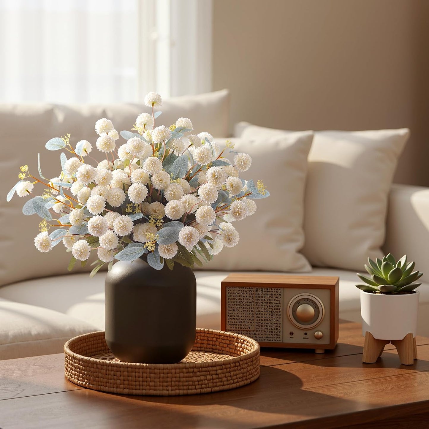 Alupssuc 16PCS Faux Silk Pompon Mums Artificial Flowers with Eucalyptus, Fake Chrysanthemum Floral for DIY Vase Arrangement, Long Stem Dining Table Centerpiece Home Decor, Beige