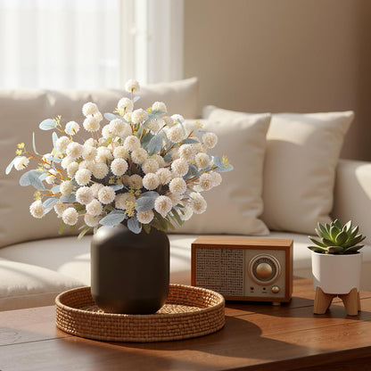 Alupssuc 16PCS Faux Silk Pompon Mums Artificial Flowers with Eucalyptus, Fake Chrysanthemum Floral for DIY Vase Arrangement, Long Stem Dining Table Centerpiece Home Decor, Beige