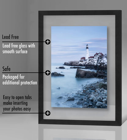 Americanflat 8x10 Floating Picture Frame with Polished Crystal-Clear Glass - Use as 5x7 Picture Frame or Display 4x6 Photo - Signature Float Collection - Photo Frames for Tabletop or Wall - Black