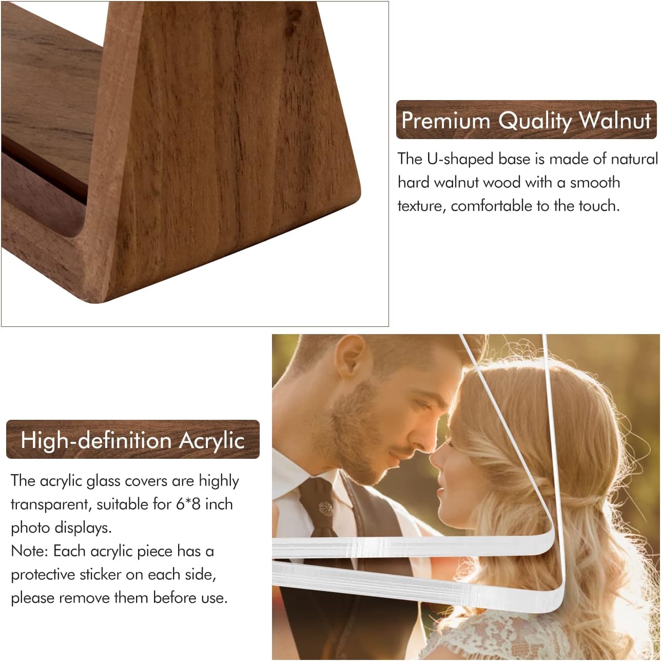 Mixoo 4x6 Picture Frame 2 Pack - Rustic Wooden Picture Frames with Walnut Wood Base and High Definition Break Free Acrylic Photo Covers for Desk Tabletop Display Graduation Gifts Teacher Appreciation Gifts (Horizontal + Vertical)